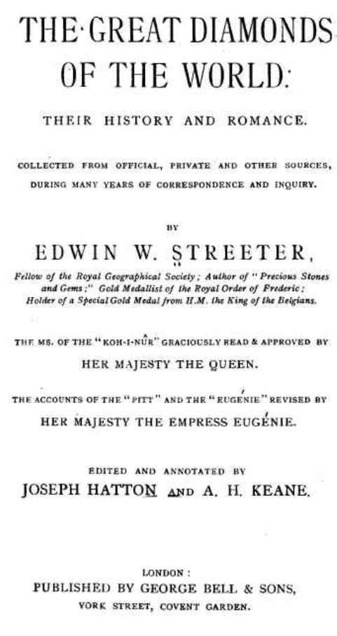 Front Page of Edwin Streeter's Book, The Great Diamonds Of The World - Their History and Romance